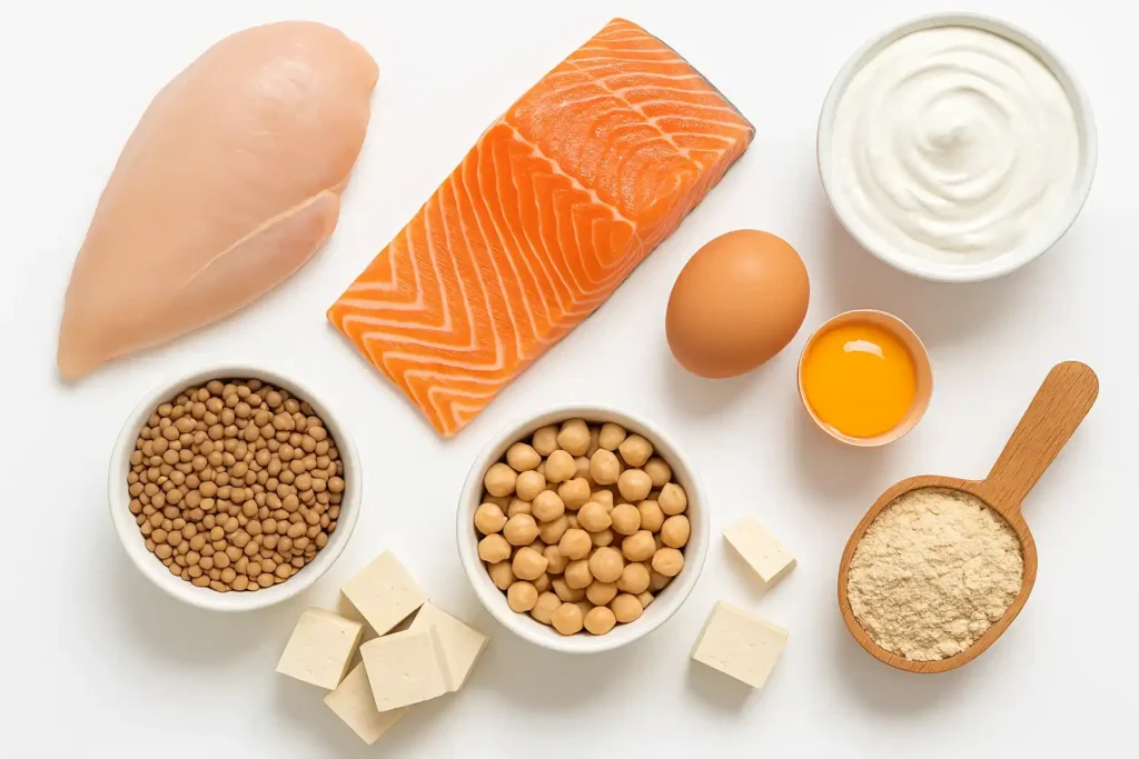 Infographic of lean protein sources: chicken, salmon, eggs, yogurt, lentils, chickpeas, tofu, protein powder