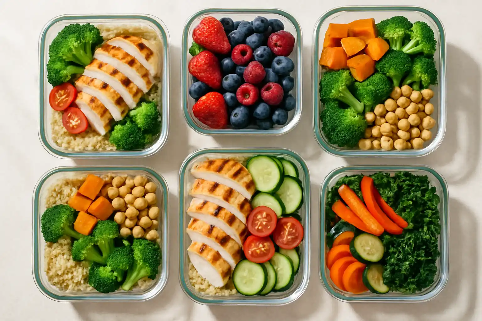 Variety of meal prep containers filled with grilled chicken, quinoa, roasted vegetables and berries