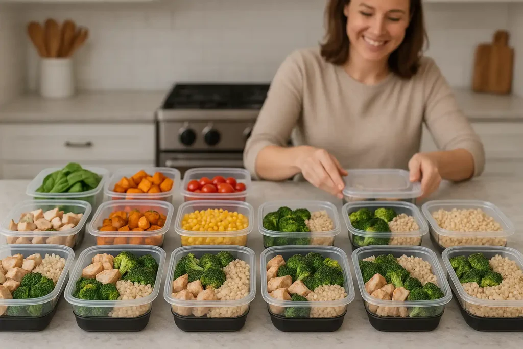 Person organizing sealed meal prep containers on kitchen counter