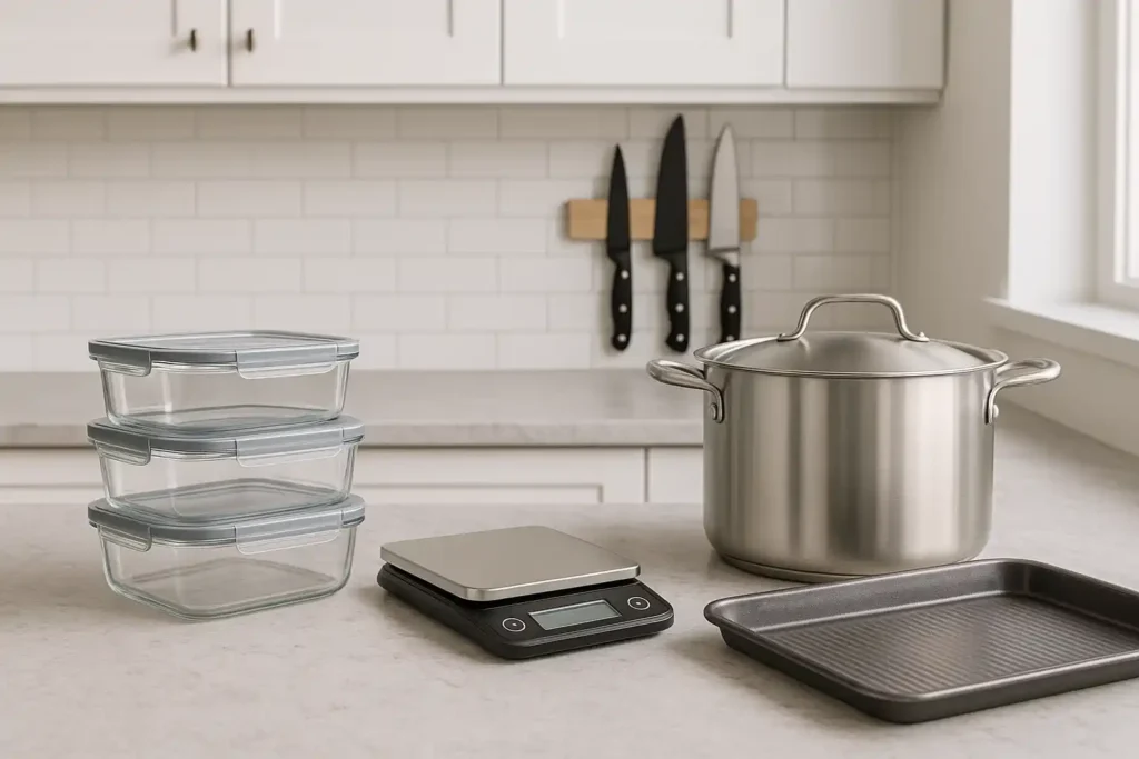 Glass meal prep containers, kitchen scale, knives, pot and baking sheet on kitchen counter