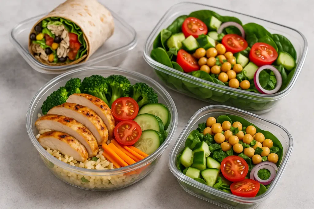Assortment of colorful high protein meal prep dishes
