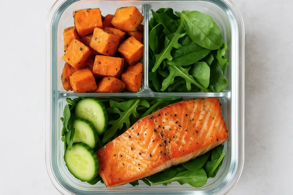 Close‑up of bento lunch container with salmon, sweet potato and greens