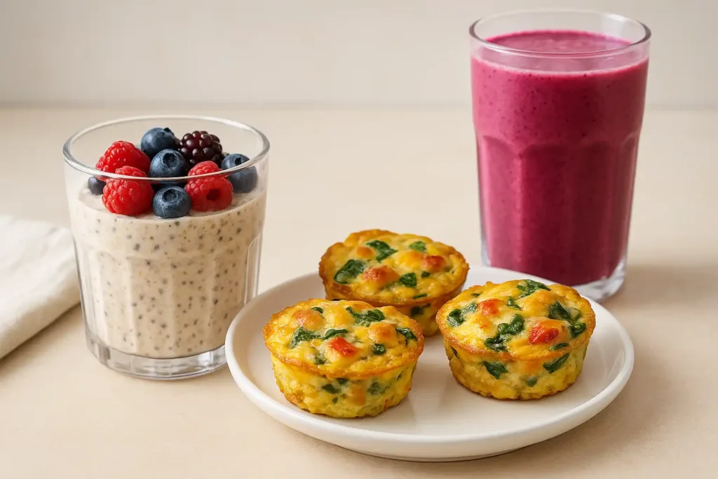 Protein overnight oats, egg muffins and protein smoothie on breakfast table