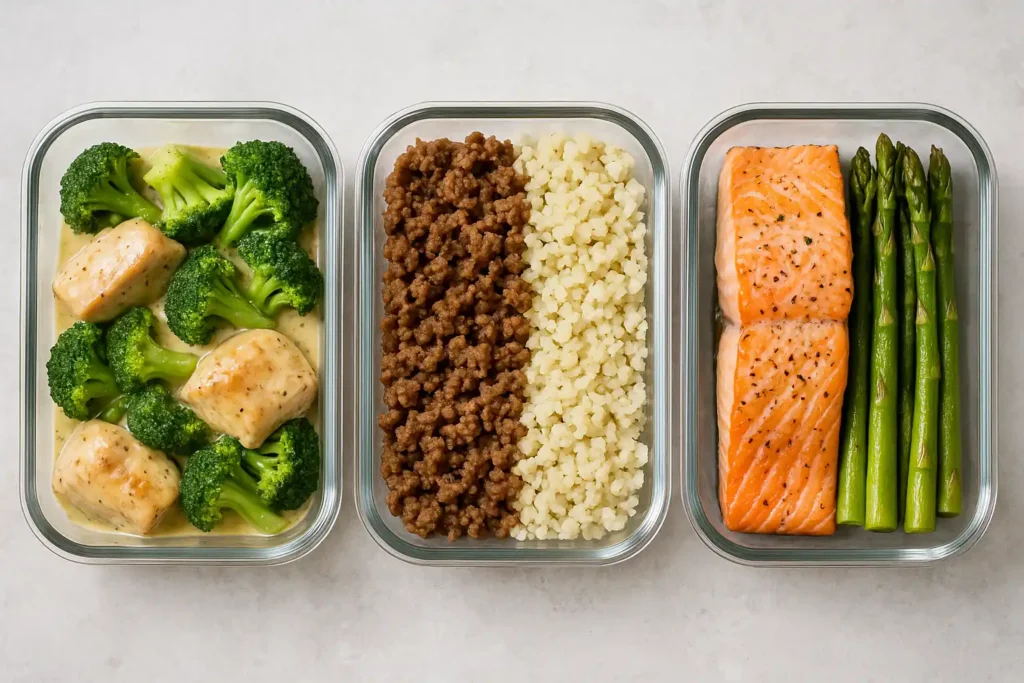 Plates of chicken broccoli, ground beef cauliflower rice and salmon asparagus