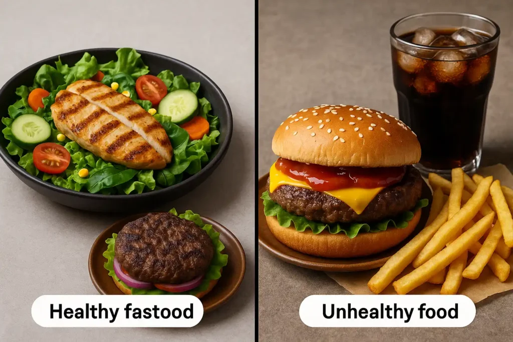 Grilled chicken salad and bunless burger vs greasy burger, fries and soda