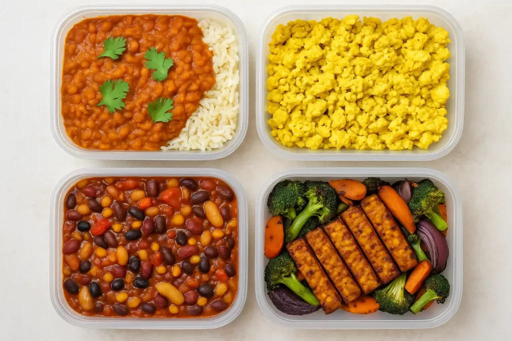 Vegan meal prep dishes: lentil curry, scrambled tofu, bean chili, tempeh with veggies