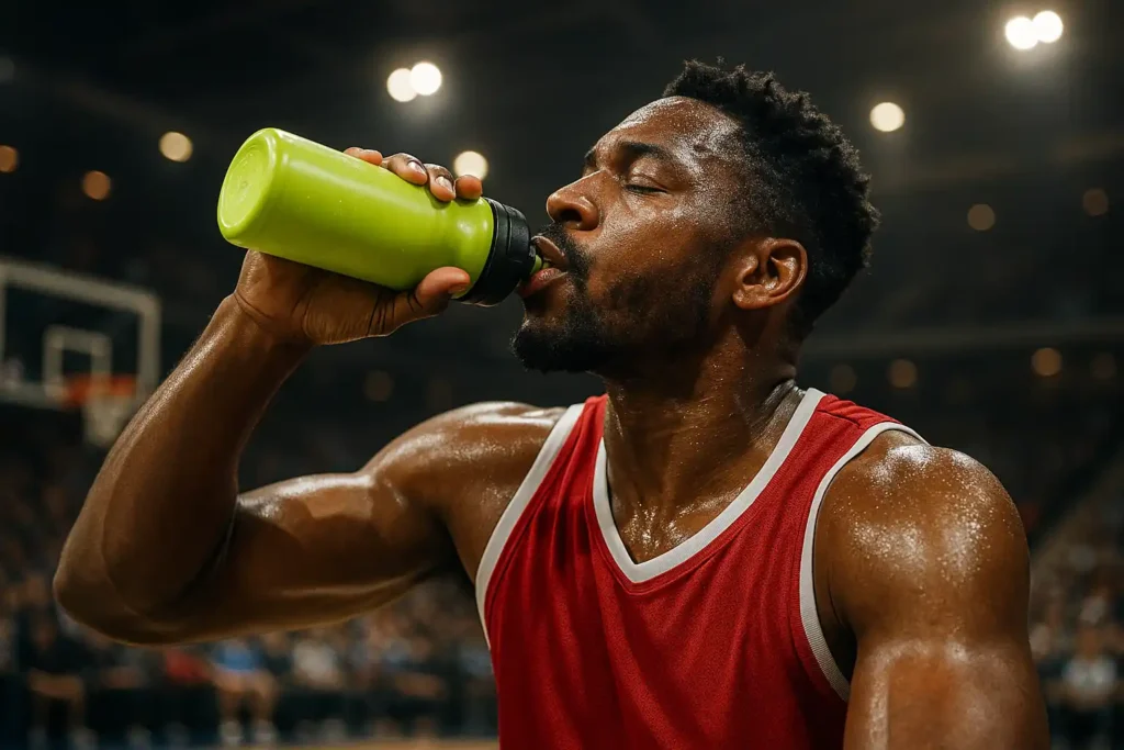Basketball player sipping from sports bottle courtside