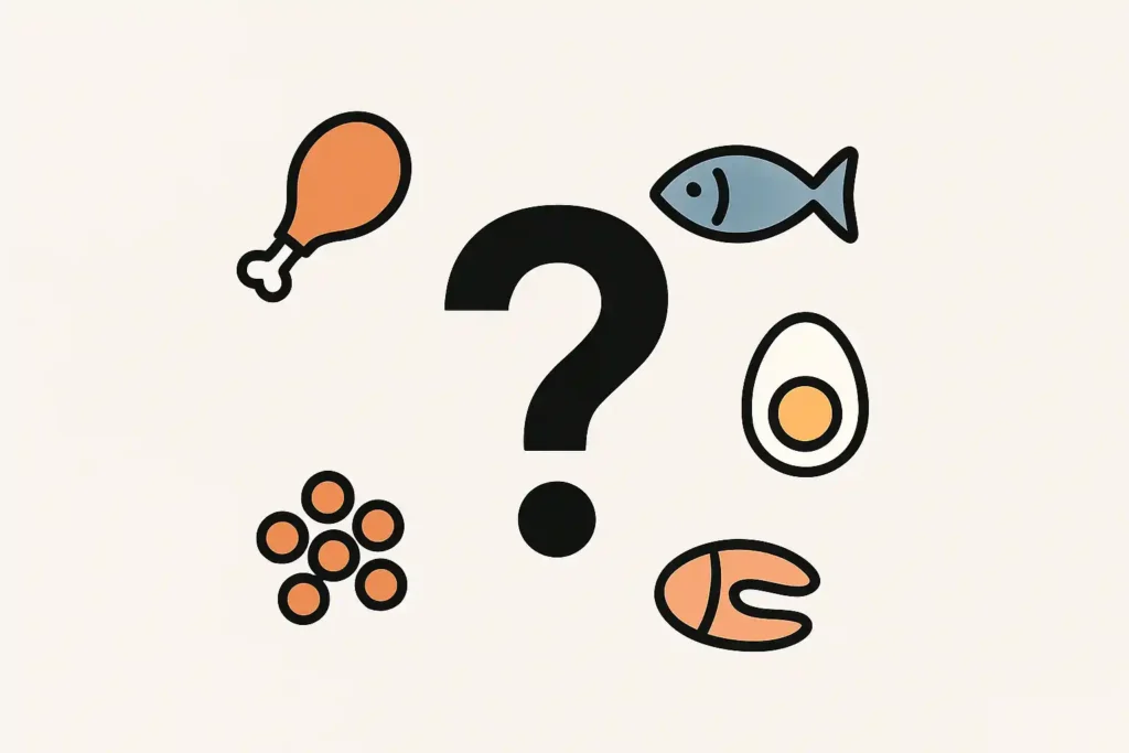Question mark icon surrounded by small protein food icons