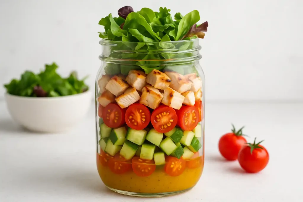 Layered mason jar salad with grilled chicken, greens, cherry tomatoes, cucumber, and dressing at the bottom