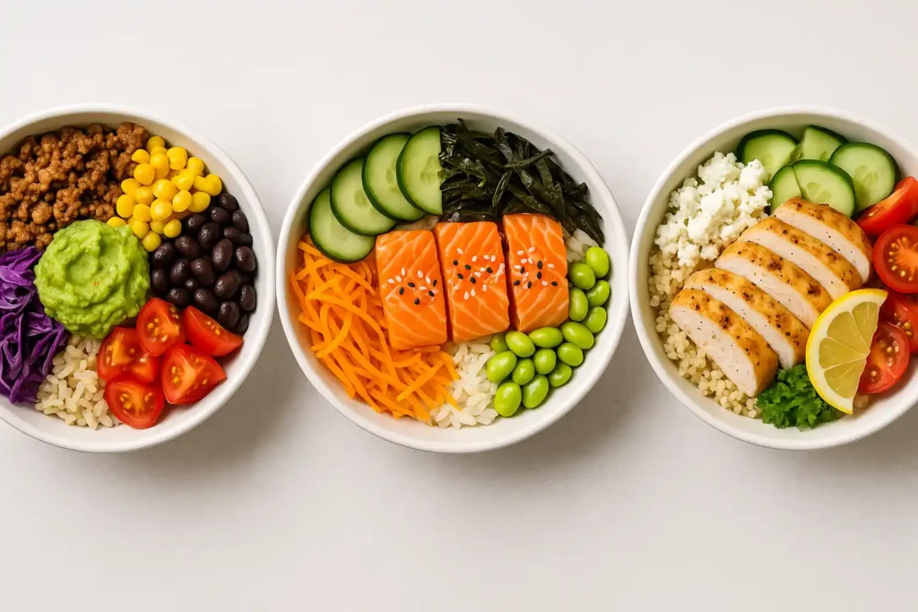 Three high-protein lunch bowls: burrito bowl, sushi bowl with salmon, and Greek chicken bowl