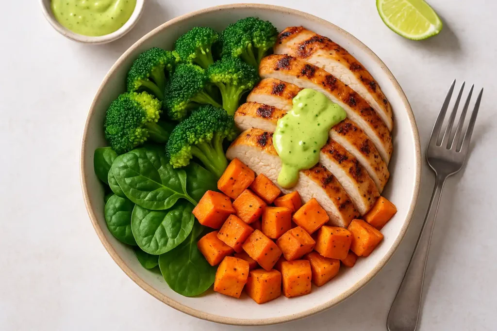 Colorful power bowl with grilled chicken, sweet potatoes, broccoli, and avocado-lime dressing