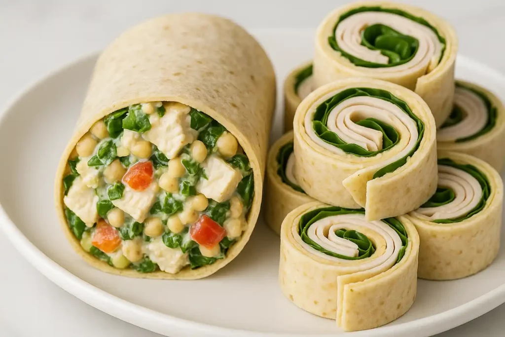 Chicken salad wrap sliced open with stacked turkey and hummus pinwheels beside it