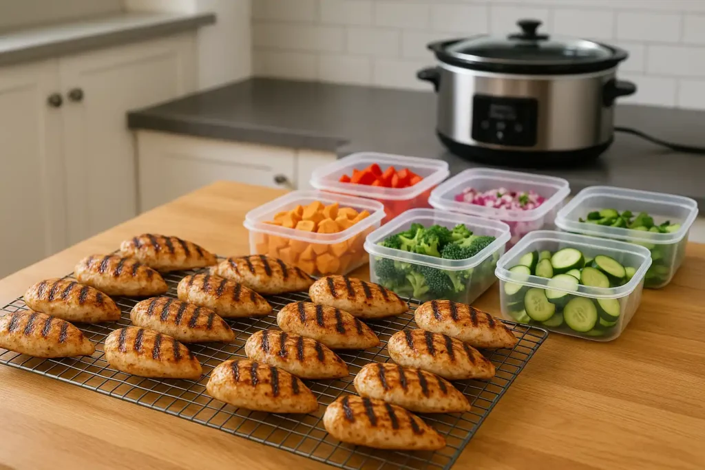 Grilled chicken cooling, pre-chopped vegetables in containers, and slow cooker simmering