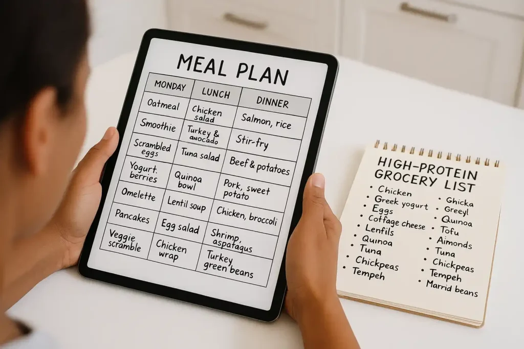 Person reviewing a meal plan and grocery list on a tablet in a modern kitchen