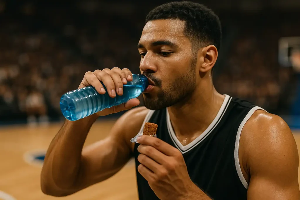 Basketball player eating a protein snack and hydrating during halftime with a court in the background