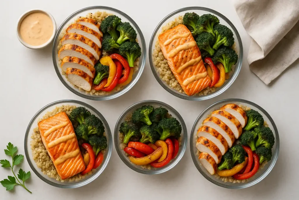 Flat lay of meal prep bowls with grilled chicken, salmon, roasted vegetables, and quinoa