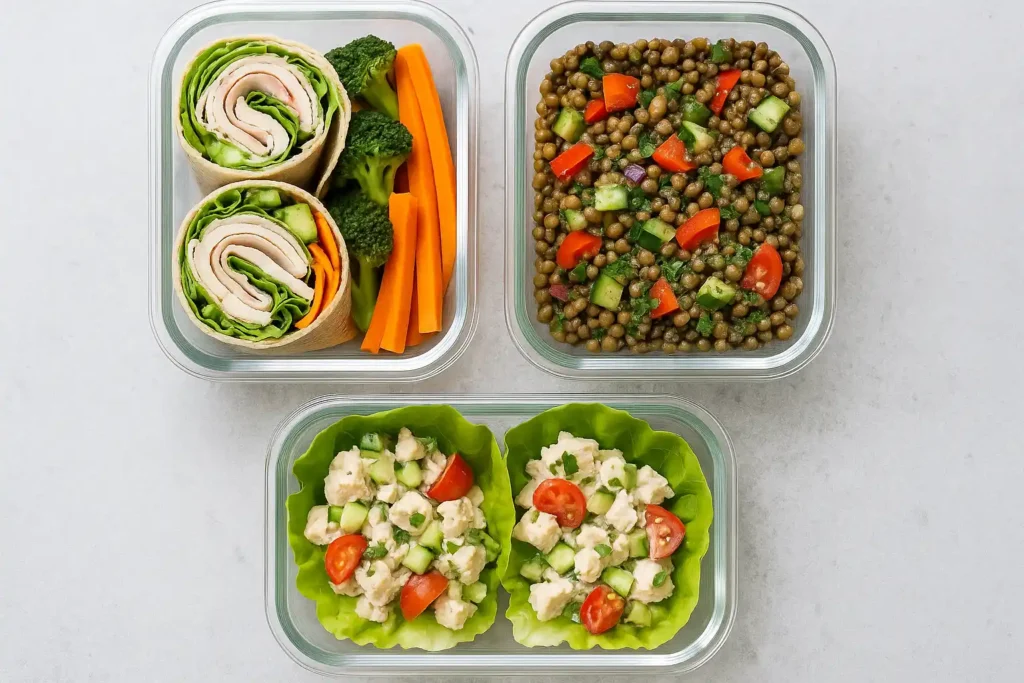 Three lunch containers with turkey wrap, lentil salad, and chicken lettuce cups