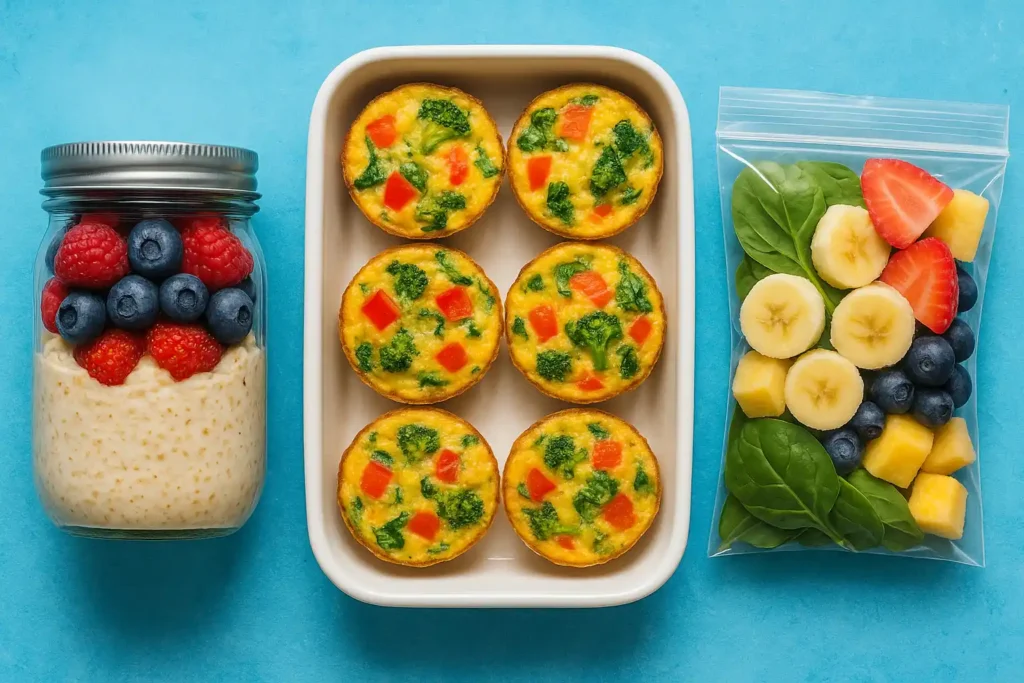 Flat lay of overnight oats, egg muffins, and smoothie pack with fruits and spinach