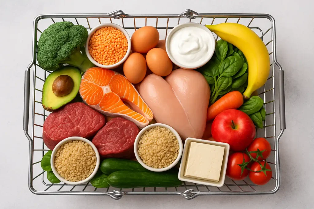 Grocery cart filled with lean meats, fish, eggs, tofu, yogurt, lentils, and vegetables
