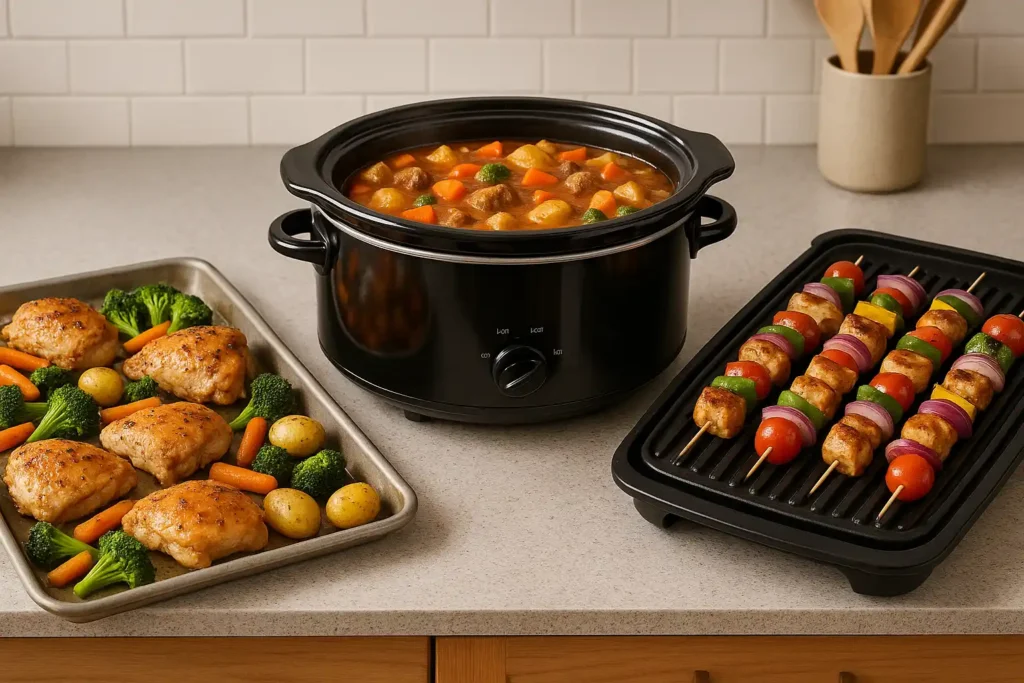Kitchen with sheet pan chicken, slow cooker stew, and grilled protein skewers