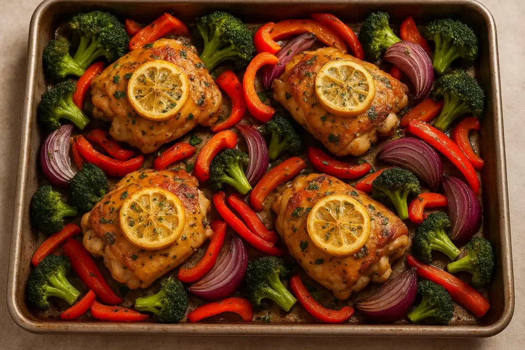 Freshly baked sheet pan with lemon herb chicken thighs and roasted vegetables
