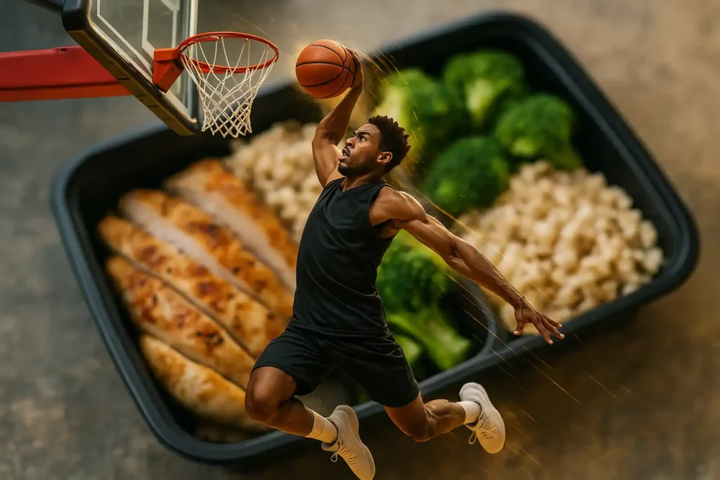 Basketball player dunking mid-air with high-protein meal container subtly in background