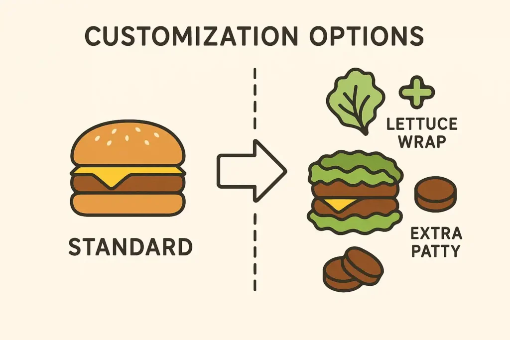 Fast food burger customization showing a regular bun and cheese versus a lettuce wrap and extra patty