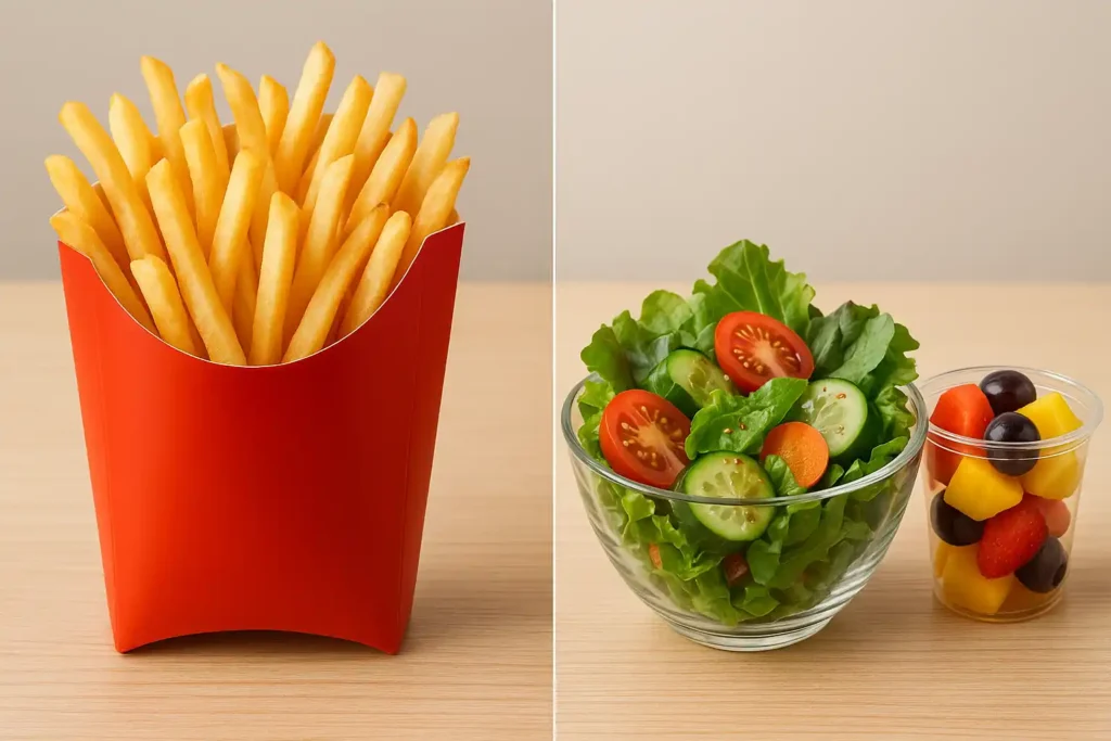 Comparison between fast food french fries and healthier sides like a salad and fruit cup