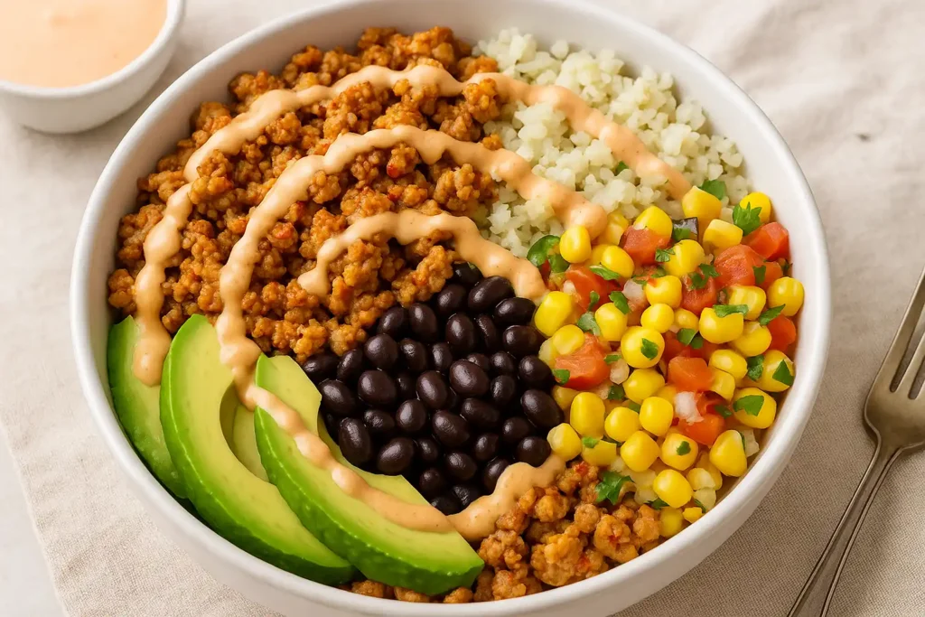 Colorful homemade high-protein fast food bowl with ground turkey, cauliflower rice, beans, and avocado
