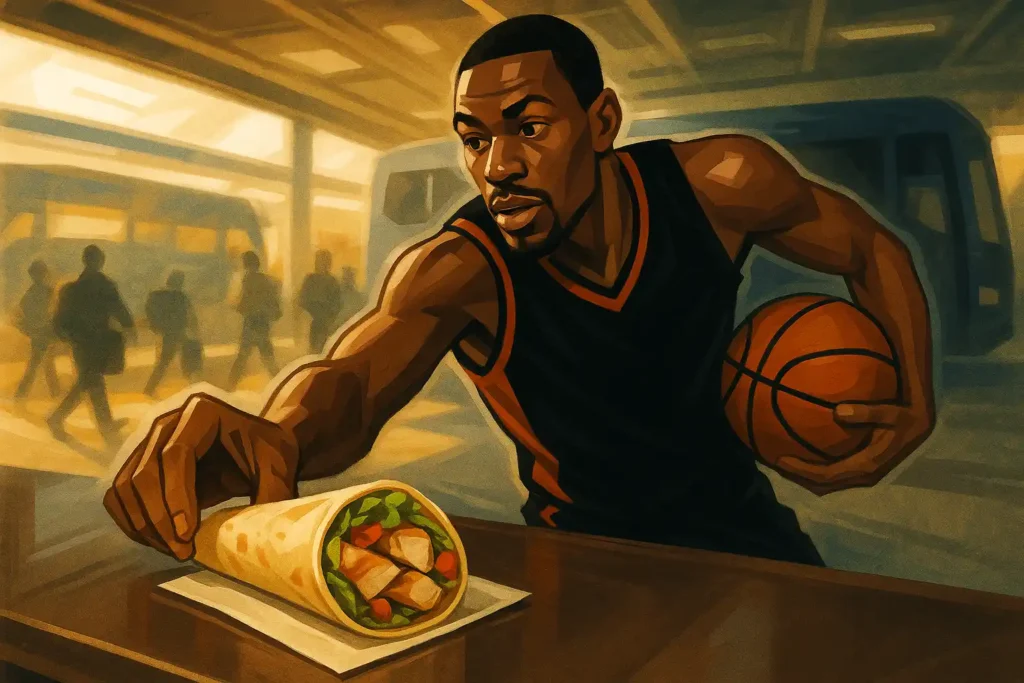 Athlete grabbing a high-protein snack like a chicken wrap or protein bar in a fast-paced setting
