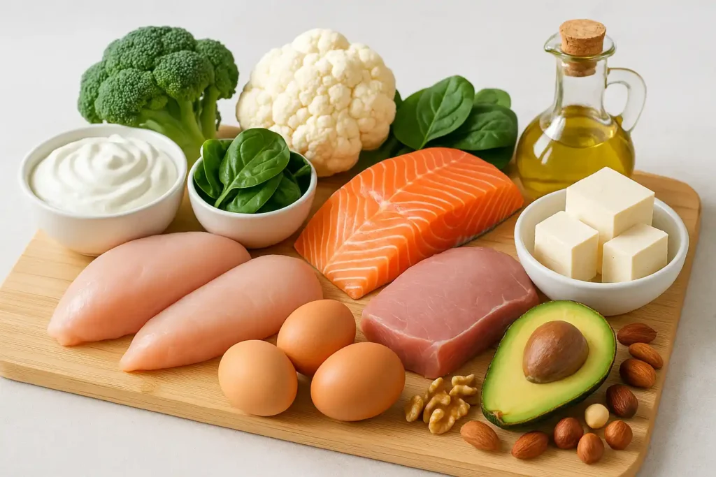 Fresh ingredients for high protein low carb meal prep including lean meats, fish, eggs, Greek yogurt, tofu, vegetables, avocado, nuts, and olive oil.