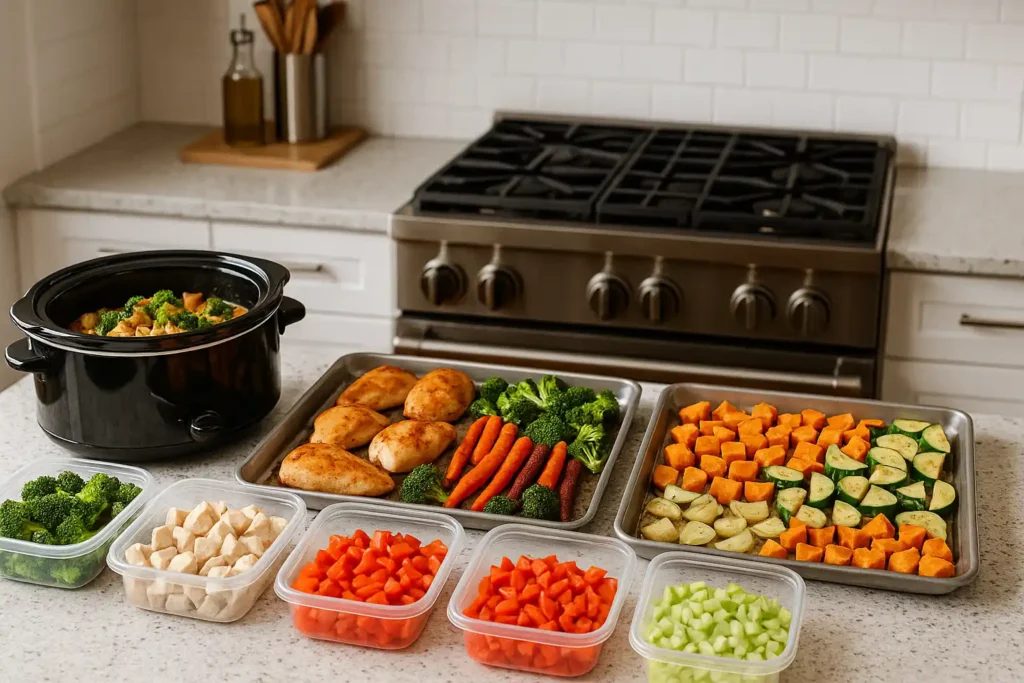 Efficient kitchen setup with batch cooking in progress for high protein low carb meal prep featuring chicken, vegetables, and prepped containers.