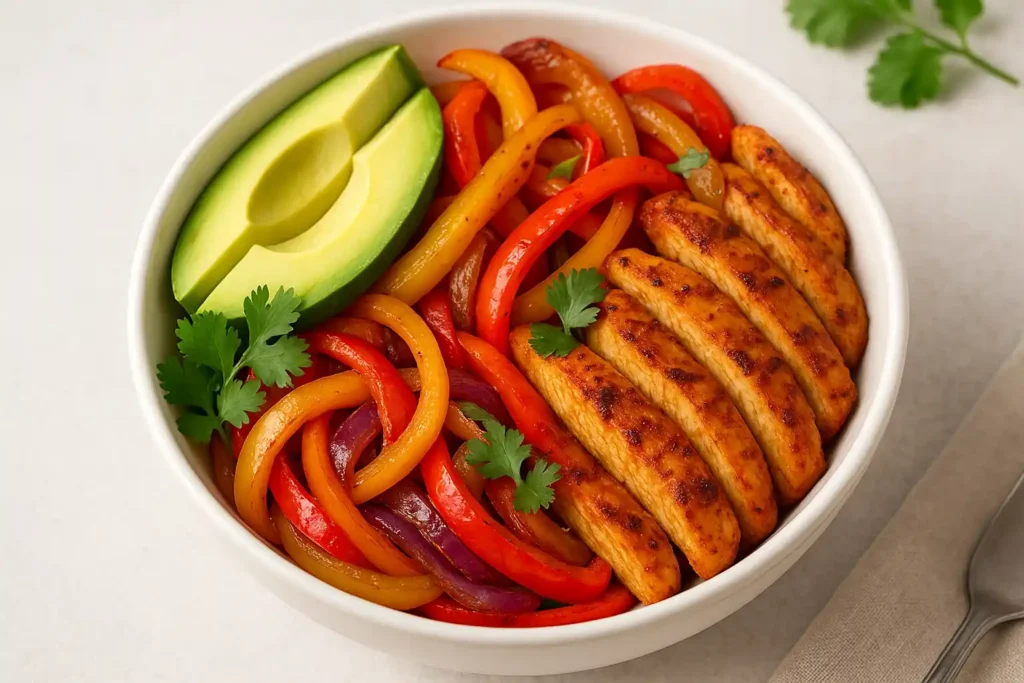 Colorful chicken fajita bowl with seared chicken, peppers, onions, avocado, and cilantro for high protein low carb meal prep.