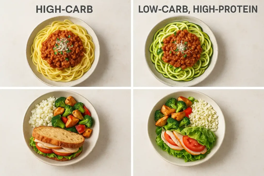 Side-by-side of traditional carb-heavy dishes and high protein low carb alternatives like zoodles, cauliflower rice, and lettuce wraps.