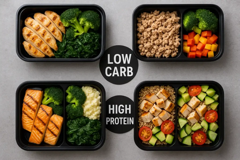 A vibrant and appetizing display of low carb high protein meal prep bowls featuring colorful vegetables, lean proteins, and healthy fats.