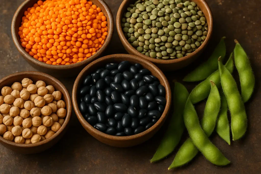 A vibrant close-up of red lentils, green lentils, black beans, chickpeas, and edamame pods in rustic bowls, highlighting their natural textures and colors.