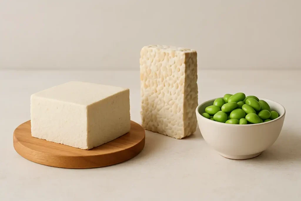 A clean display of firm tofu, a piece of tempeh, and a bowl of shelled edamame under soft natural lighting.