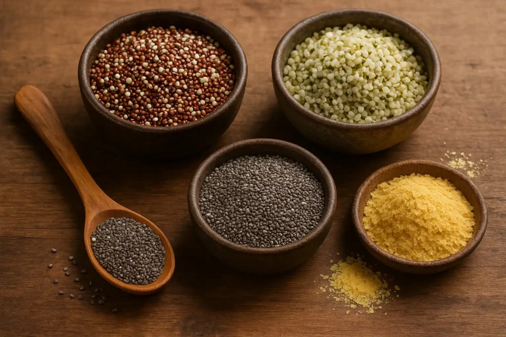 A rustic display of quinoa, hemp seeds, chia seeds, and nutritional yeast on a wooden surface in small, natural bowls.