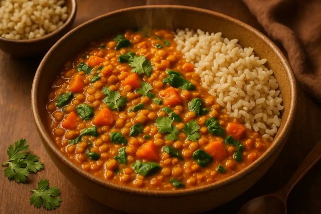 A warm, colorful bowl of red lentil and vegetable curry with cilantro garnish, served with brown rice, surrounded by spices on a wooden background.