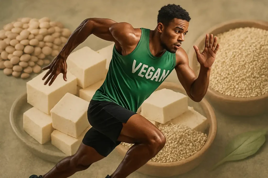 A vegan athlete in motion with a subtle overlay of plant-based protein foods like tofu, lentils, and quinoa in the background.