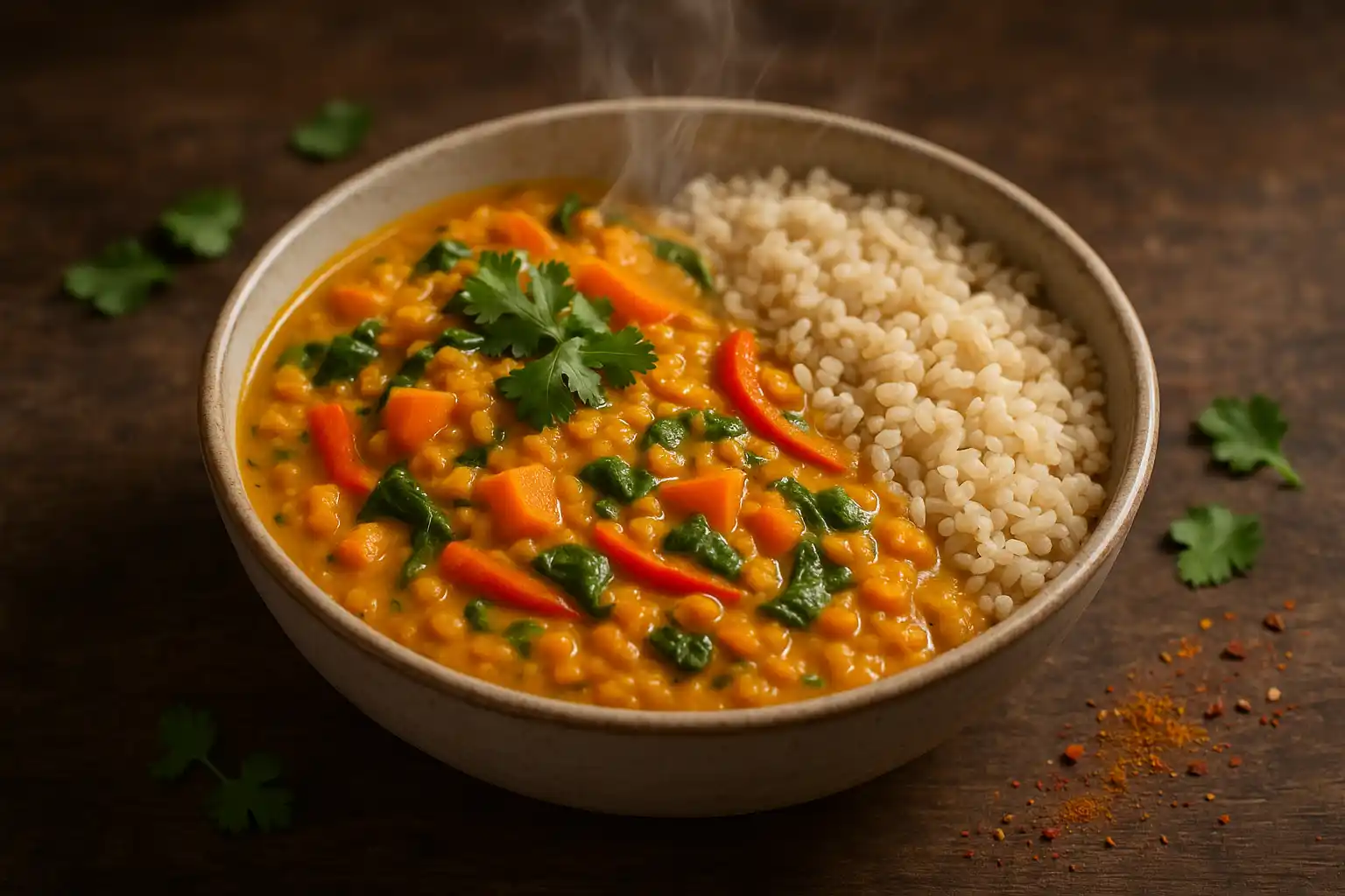 A steaming bowl of golden red lentil curry with vegetables, topped with fresh cilantro and served with brown rice or quinoa on a rustic wooden background.
