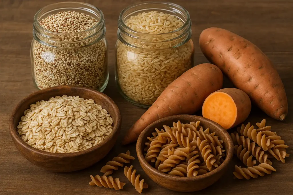 Display of complex carbs like quinoa, brown rice, oats, sweet potatoes, and whole-wheat pasta in jars and bowls.