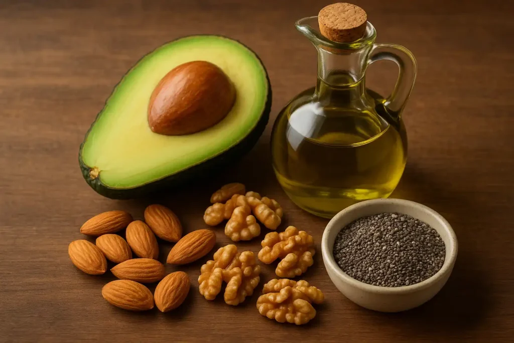 A neat display of avocado, almonds, walnuts, olive oil, and chia seeds on a clean surface.