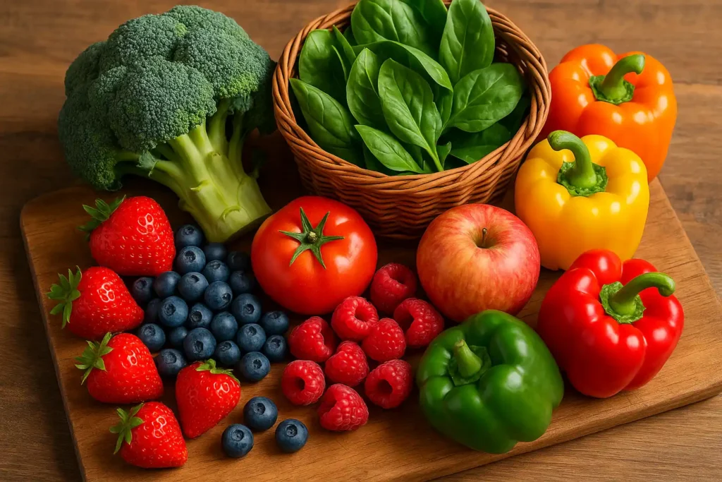 A colorful variety of produce including broccoli, spinach, bell peppers, berries, and apples in a rustic setting.