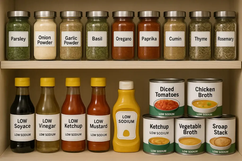 A well-organized pantry shelf featuring spices, condiments, and canned goods like diced tomatoes and broth.