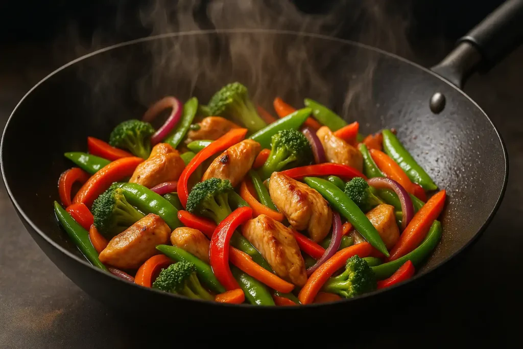 Sizzling stir-fry of chicken and vegetables in a wok with steam rising.