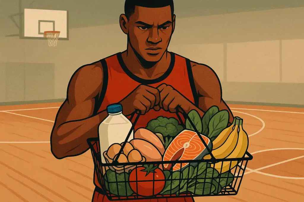 Athletic man holding a basket of healthy food with a basketball court background.