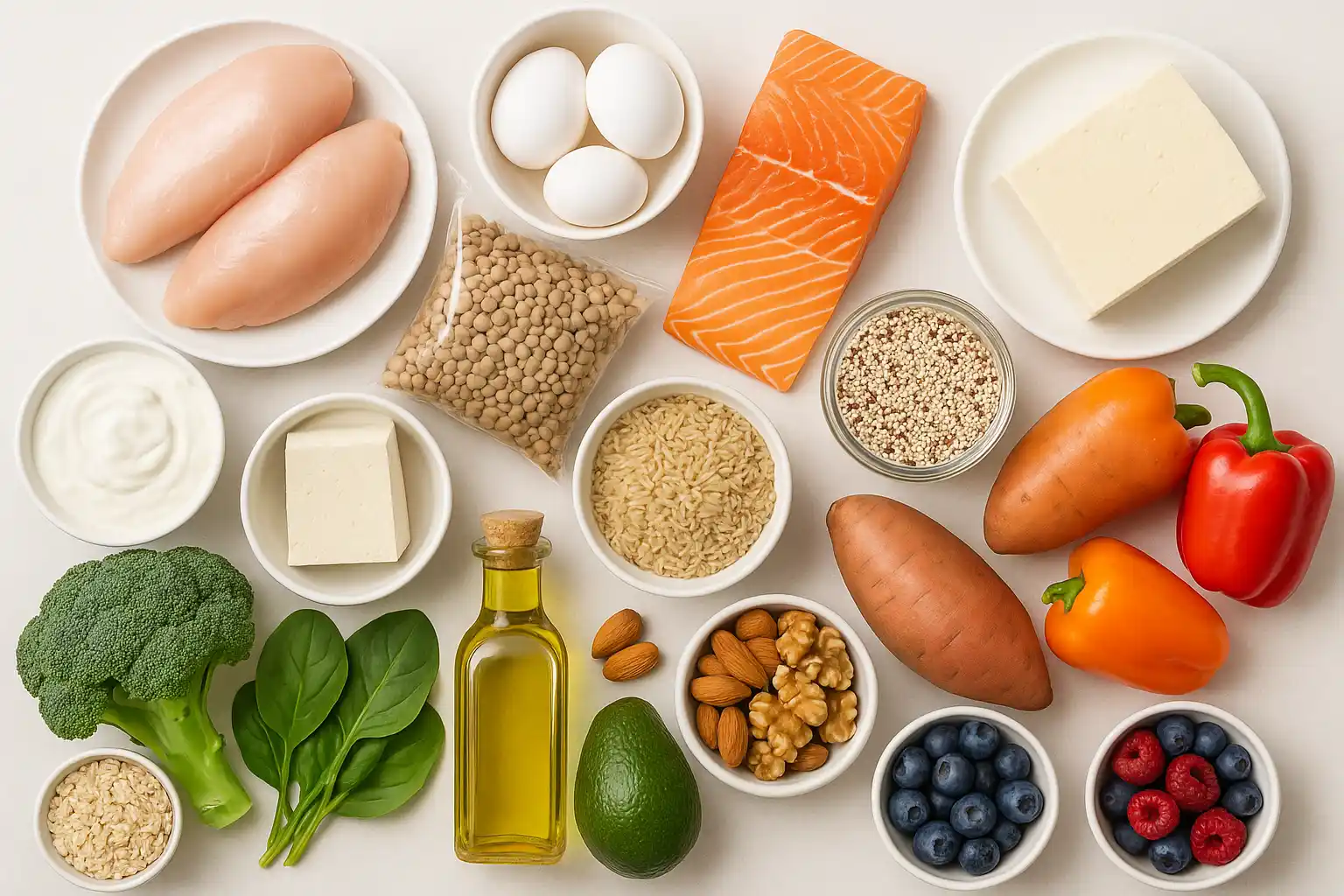 A well-organized flat lay of high-protein foods including lean meats, legumes, eggs, grains, and vegetables on a clean surface.