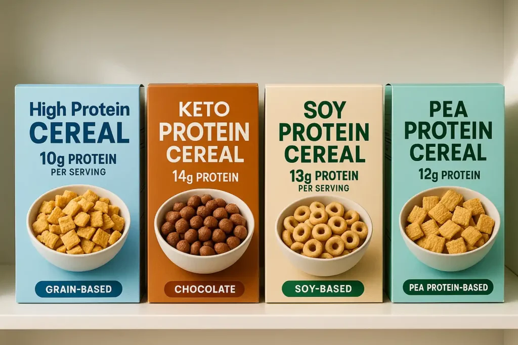A shelf of assorted high protein cereal boxes, showing different grain, soy, and plant-based options.