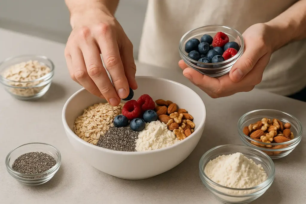 Hands preparing a DIY high protein cereal bowl with oats, seeds, nuts, and berries on a kitchen counter.